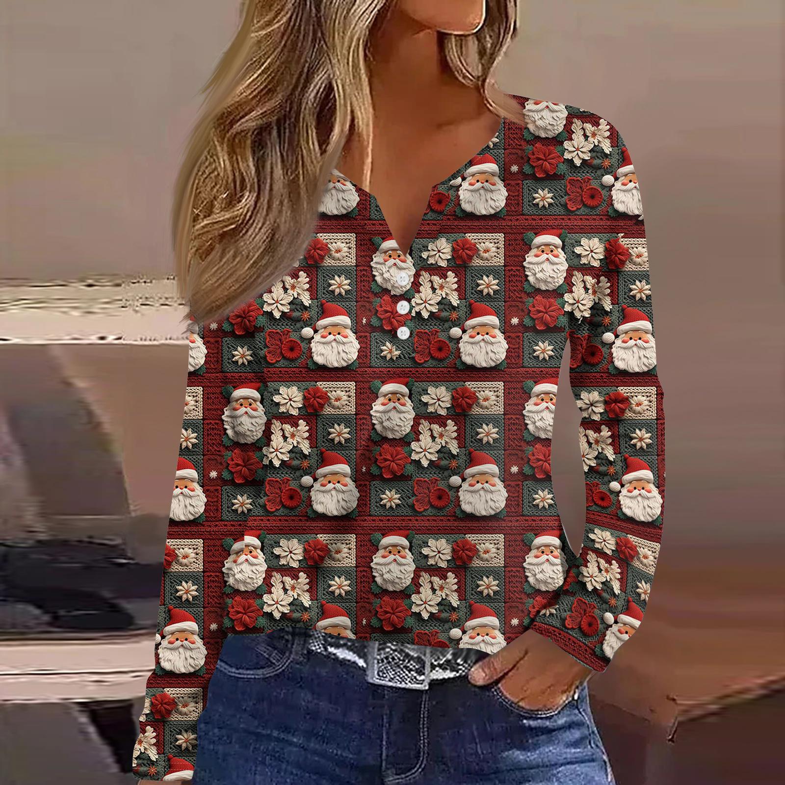 

Women s Fashion Casual V-Neck Button-Up Long-Sleeve T-Shirt With Christmas Print Top XL арбуз красный