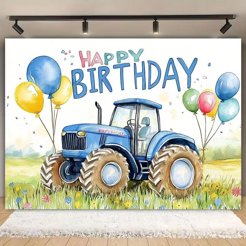 2D Flat Print Tractor Happy Birthday Tapestry Backdrop for Kids Farm Party