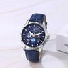Genuine Leather Blue Starry Luminous Analog Calendar 3ATM Waterproof Quartz Romantic Stylish Casual Fashion Accessories Birthday Anniversary Christmas