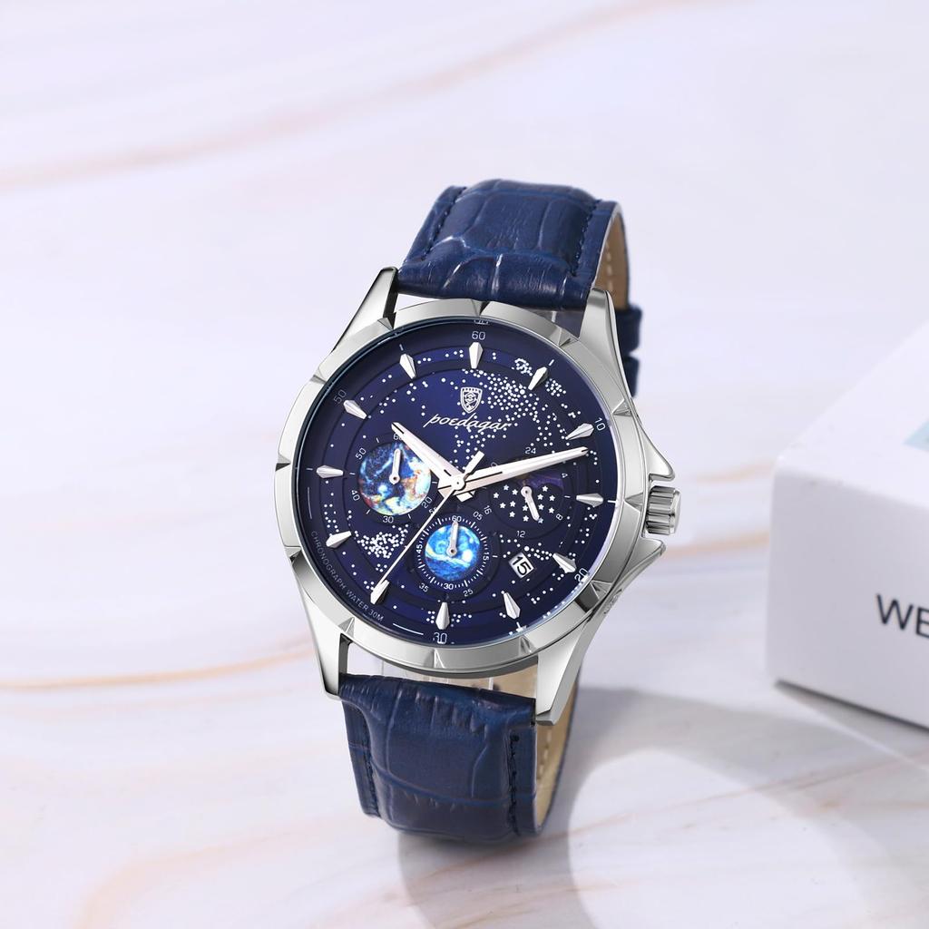 Genuine Leather Blue Starry Luminous Analog Calendar 3ATM Waterproof Quartz Romantic Stylish Casual Fashion Accessories Birthday Anniversary Christmas