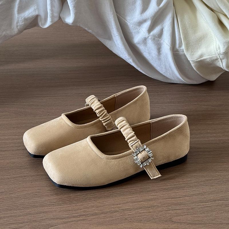 Fashion Comemore Spring Autumn Flat Single Shoes Suede Solid Square Head Mary Jane Shoe Rhinestone Buckle Temperament Flats Mocasines