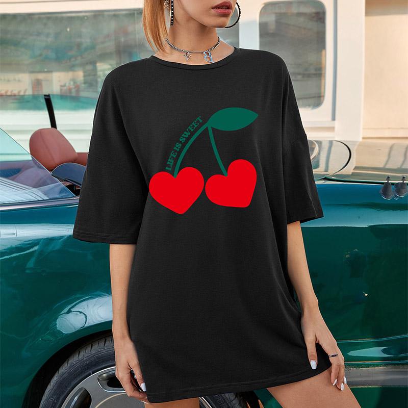 Life is sweet Barevný třešeň grafický potisk Oversized tričko trendy Letní vtipné volné tričko Dámská móda kauzální estetický Top