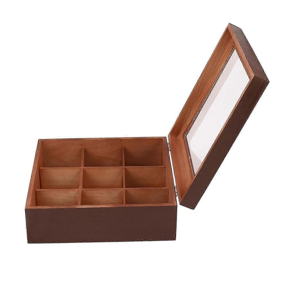 2X Wooden 9 Grids Tea Box Tea Bags Container Storage Box Square Gift Box Case Transparent Top Lid J