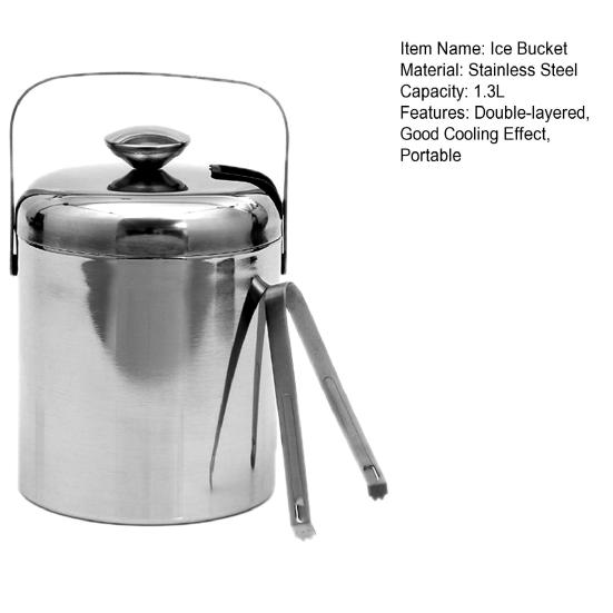 1.3L Double-Wall Ice Bucket with Lid And Tong 6-Hour Cooling Beer Chiller for Bar Home 304 Stainless Steel Insulated Ice Container