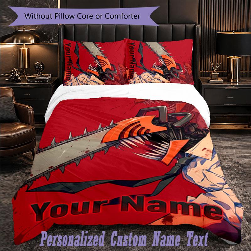 Personalized 3Pcs Bedding SetChainsaw Man Custom Text Duvet Cover Pillowcase Set Bedroom Gift