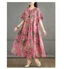 Retro Cotton and Linen Round Neck Short Sleeved Dress for Women, Loose A-line Skirt
