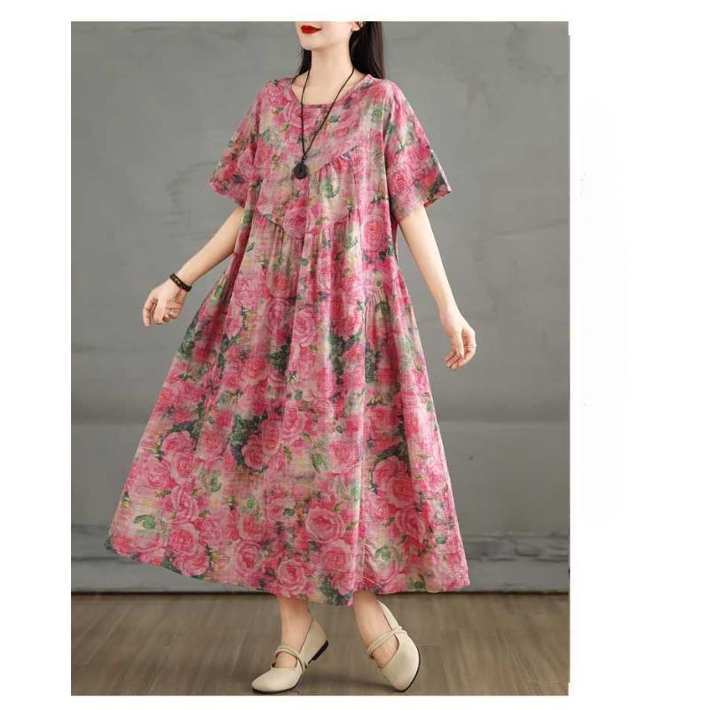 Retro Cotton and Linen Round Neck Short Sleeved Dress for Women, Loose A-line Skirt
