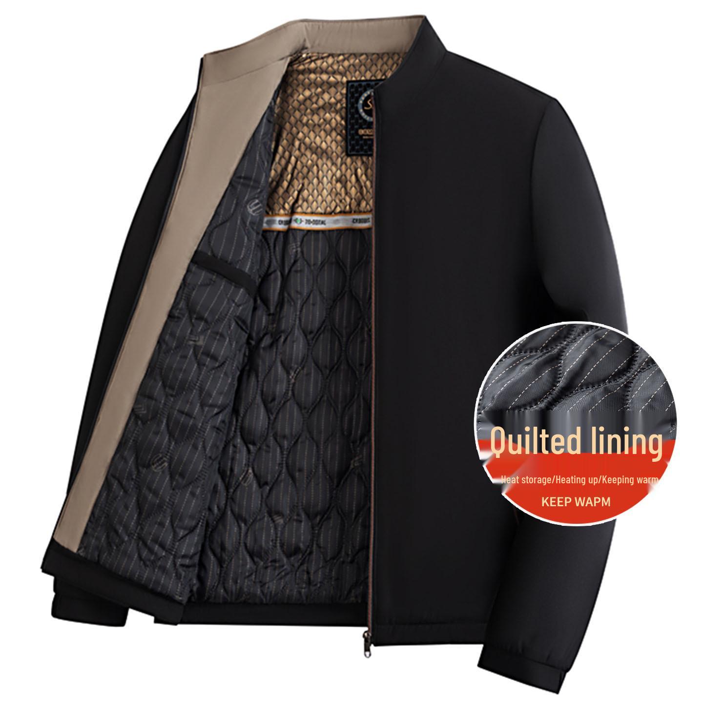 

Men s Black Gold Fleece-Lined Cotton Padded Jacket for Autumn & Winter - Dad s Style Stand Collar 180 (110-130 Jin)
