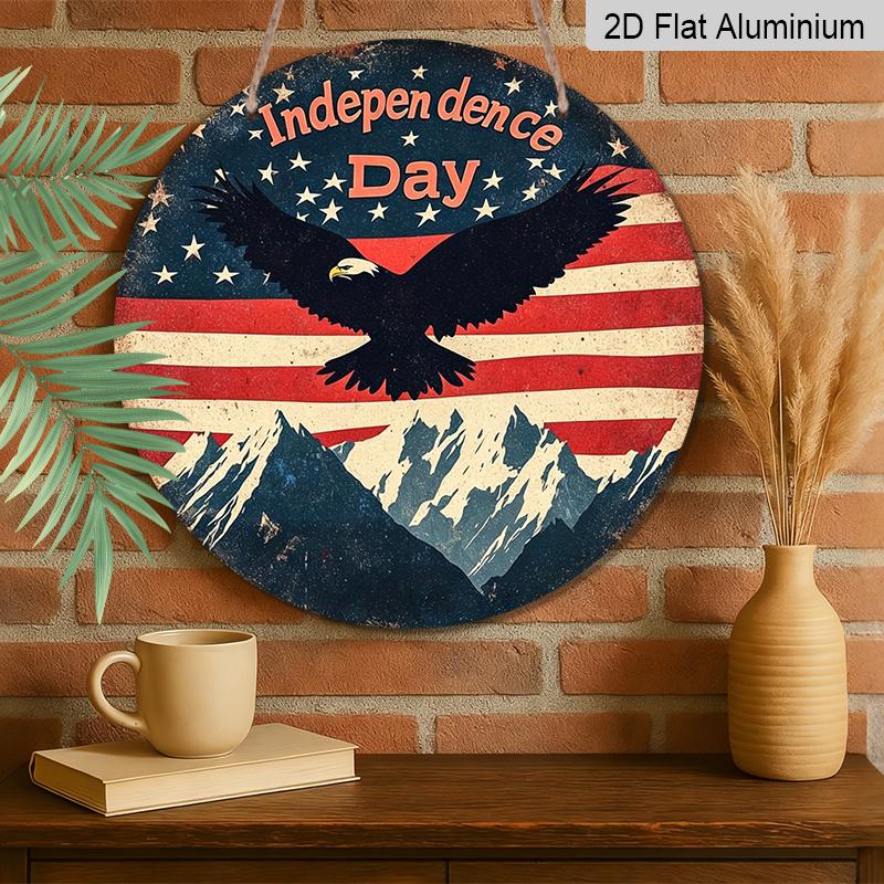2D Flat, 1pc Independence Day Patriotic Decor Aluminum Metal Sign with American Flag, Eagle, And Mountain Pattern - Red, White, And Blue Independence