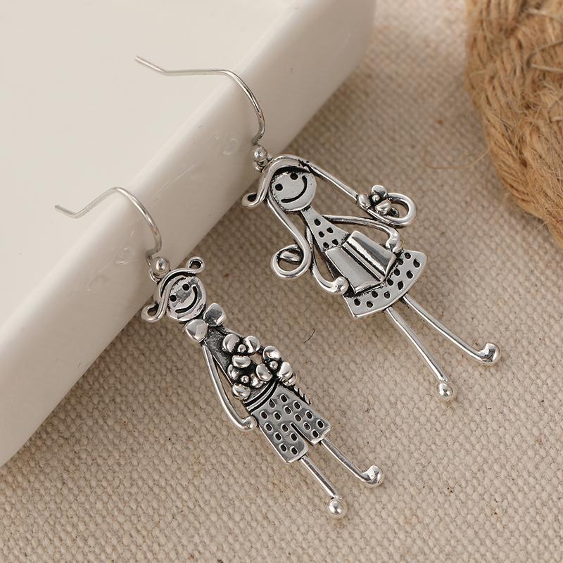 Vintage Silver Color Metal Geometry Carving Small Person Pattern Dangle Earrings for Women Jewelry