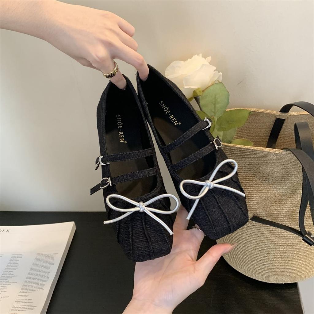Fashion Spring Ladies Elegant Lightweight  Breathable Soft-soled Shoes Solid Color Square Toe Women Flats Fashion Butterfly-knot Shoes