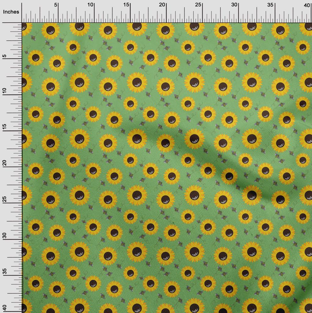 oneOone Cotton Flex Green Fabric Floral Sunflower With Honey Bees Sewing Material Print Fabric By The Yard 40 Inch