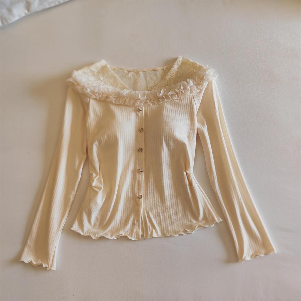 Dampyjamas med spetskant och bröstkuddar - Långärmad, Långa byxor för Vår, Höst, Vinter