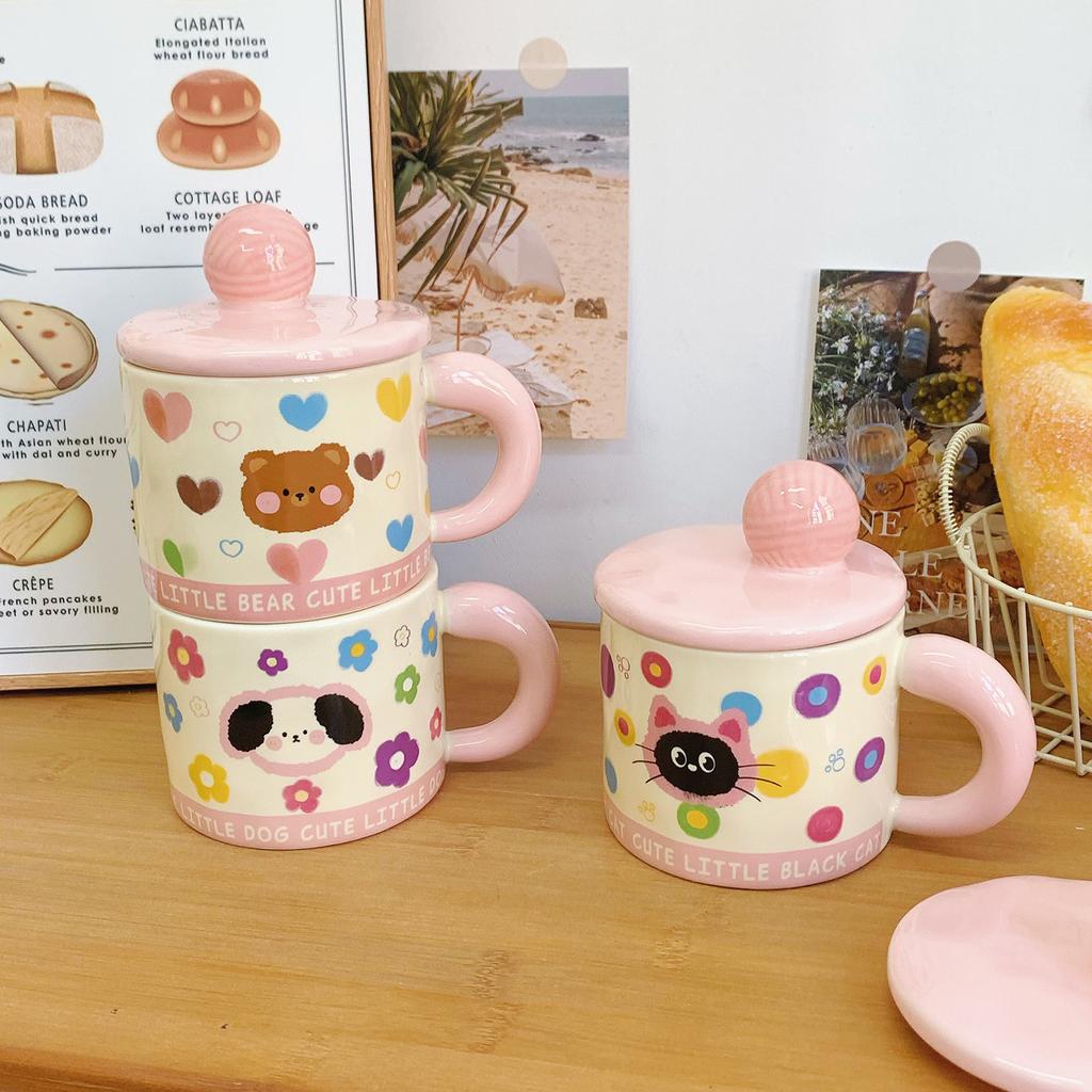Cat Ceramic Cup with Lid Cute Girl Mug High Looking Water Cup Household Breakfast Cup Birthday Gift