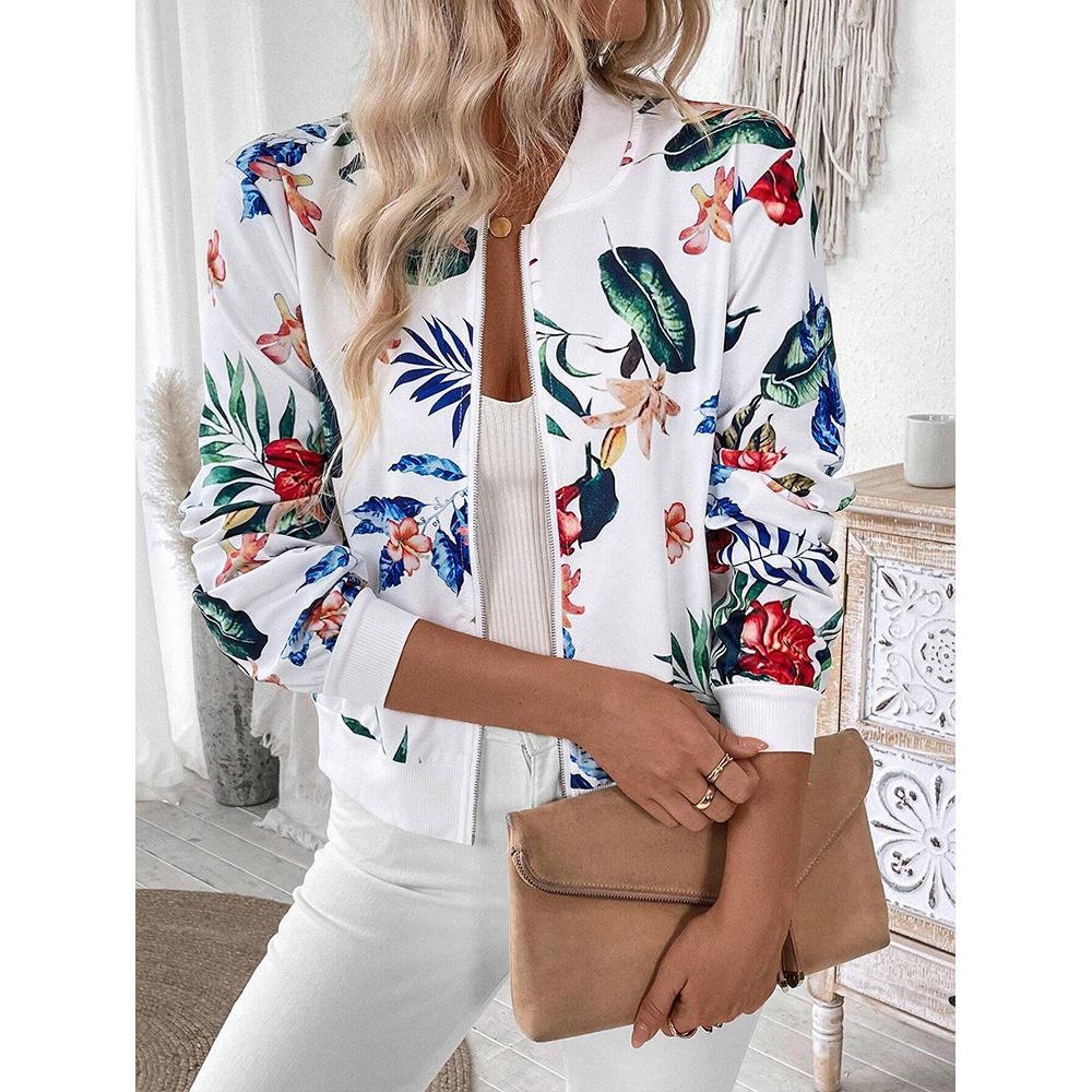 Women's Baseball Jacket Floral Long Sleeve Zip Up Baseball Bomber Jacket Coat