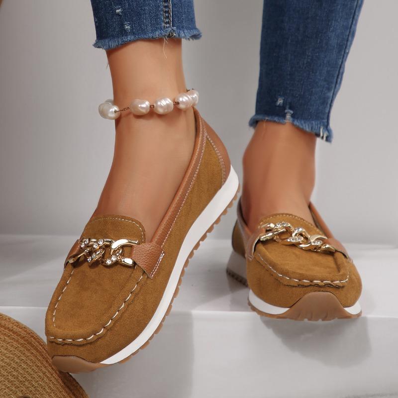 Fashi Metallkette Weiche Sohle Ballerinas Damen Frühling Herbst Wildleder Leder Plateau Loafer Damen zum Hineinschlüpfen N Slip Lässige Schuhe