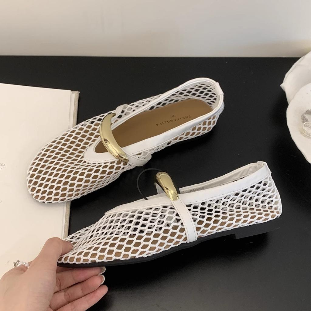 French Fashion Mesh Flat Bottom Fishing Net Shoes Single Shoes Metal Ballet Shoes Women's Summer Fashion Hollow Mary Jane Shoes