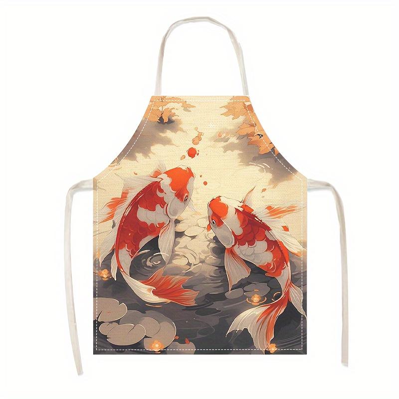 1pc Koi Fish Apron Linen Japanese Style Kitchen Cooking Baking Smock Adult Chef Gift Men Women Oriental Art Design