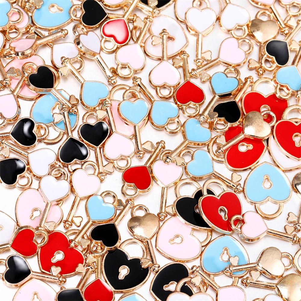 10Pcs/Bag Alloy Love Heart Small Key Lock Shape Charms Enamel Pendant For DIY Bracelet Necklace Jewelry Making Accessories