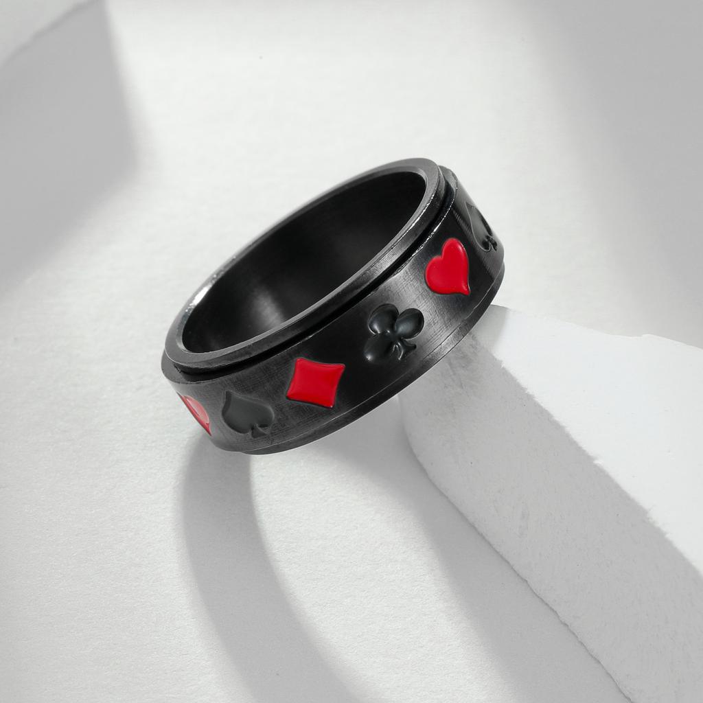 8mm Black Stainless Steel Rotatable Ring for Men Punk Vintage Lucky Playing Card Poker Mens Accessories