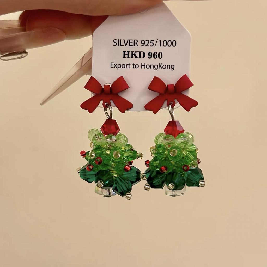 Christmas‑Atmosphere Bow Christmas‑Tree Ins‑Style Light‑Luxury Ear Clips Trendy Jewelry For Women