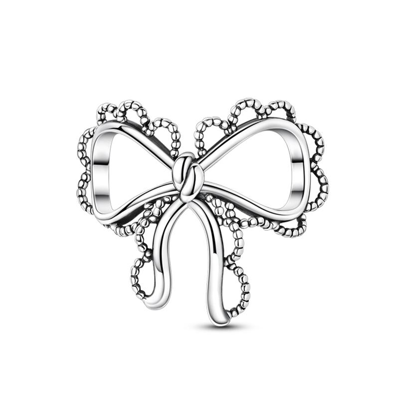 Copper Bow Charms Copper Pink Heart-Shaped Bow Pendants Charms Beads Fit Original Bangle Bracelets Diy Jewelry