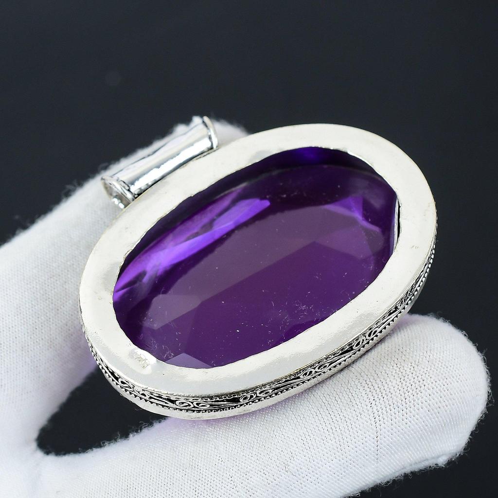 Ametist Ädelsten Silver Stor Hänge i 925 Sterlingsilver - Handgjord Design, Smycken för Vardagsbruk, Unikt Hänge Thanksgiving-present