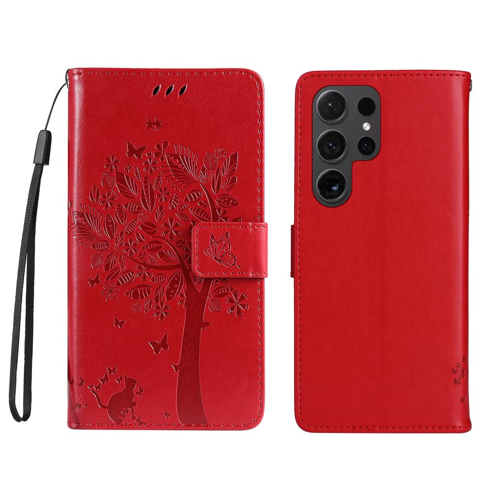 For Samsung Galaxy S24 Ultra Phone Case with Stand Cat Tree Pattern Leather Wallet Mobile Cover