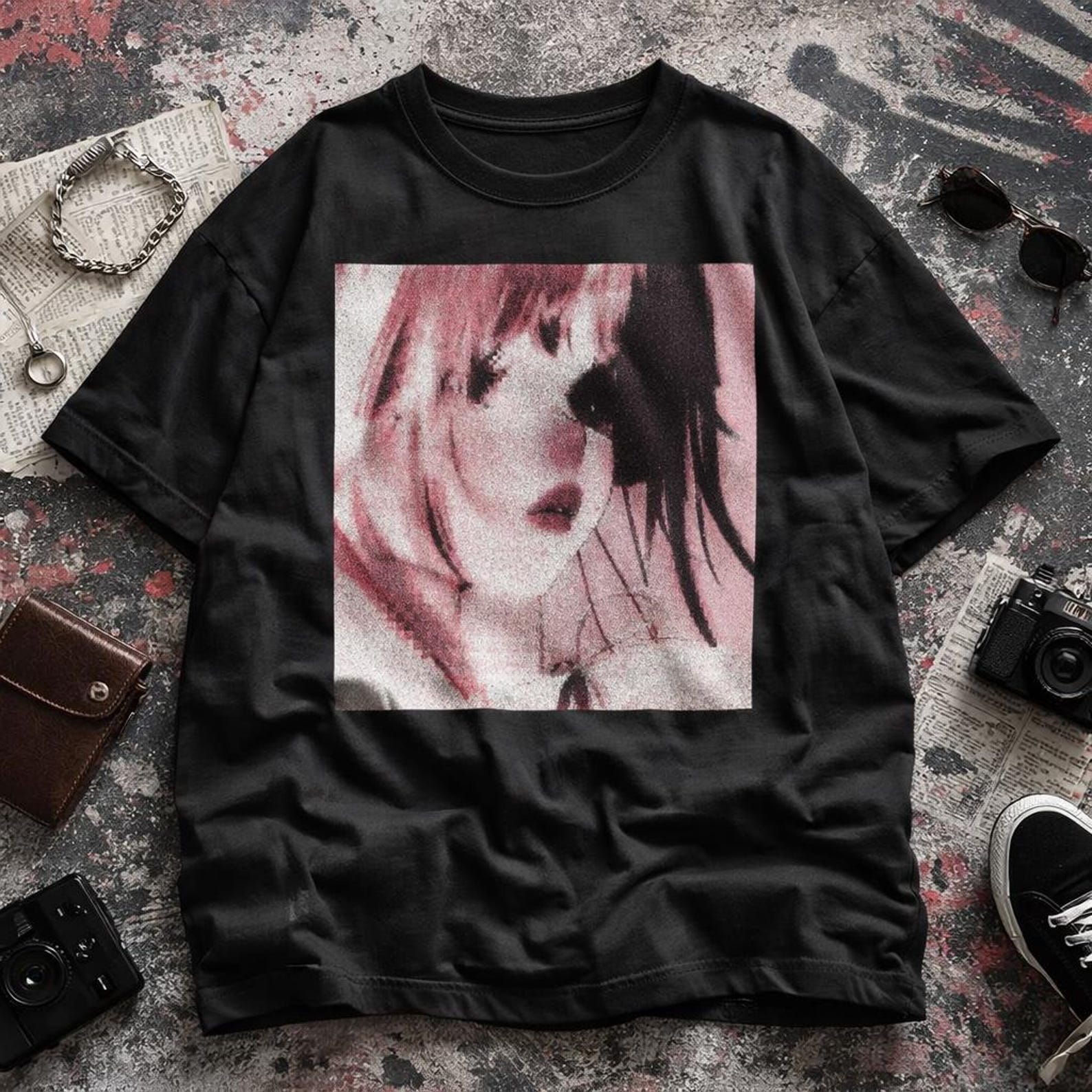 Pink Grunge Anime Girl T-Shirt | Retro Manga Portrait Tee 2XL