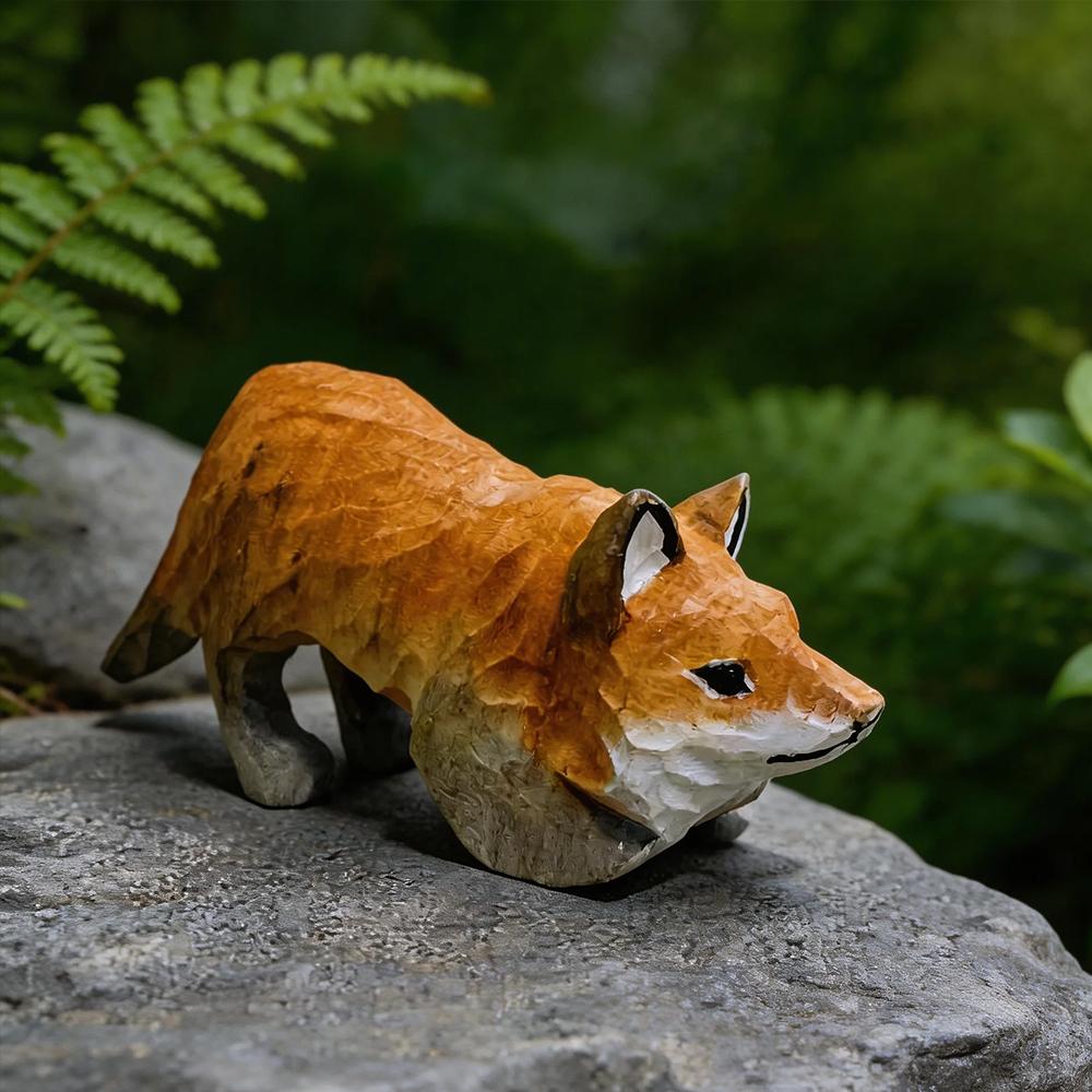 Handcrafted wood carving Fox Statue Cute Fox Figurines Desk Ornament Decorations Accessories Animal Sculpture Home Decor Crafts