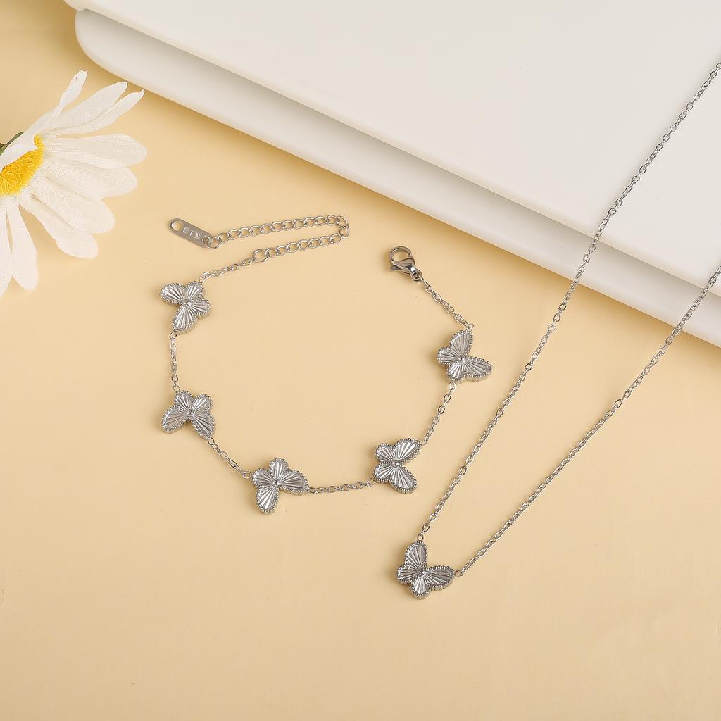 New High Quality Stainless Steel Laser Butterfly Zircon Set Bracelet Necklace Earrings Luxury Women's Party Zircon Clover