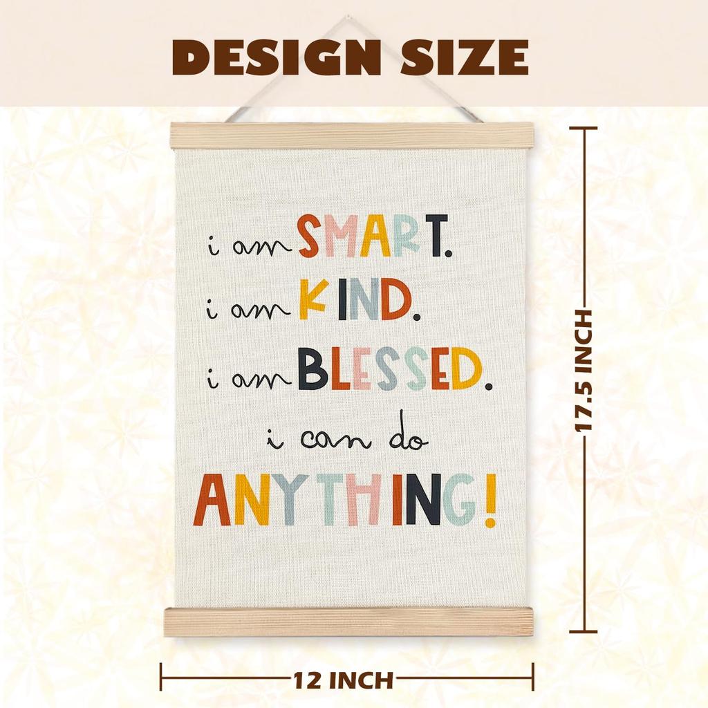 LUVADIAN Positive Affirmations for Kids, Kids Wall Decor, I am Smart Kind Blessed Motivational Poster Hanger Frame Wall Art for Classroom Playroom