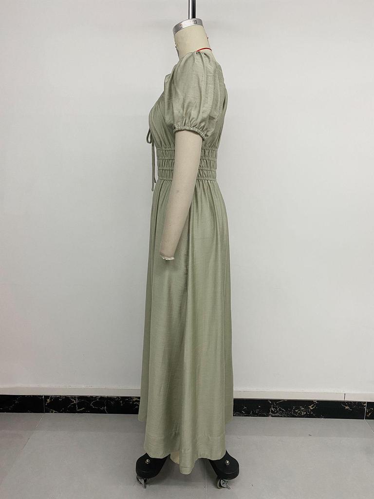 2026 Spring/Summer Elegant French Square Neck Puff Sleeve Long Dress for Women