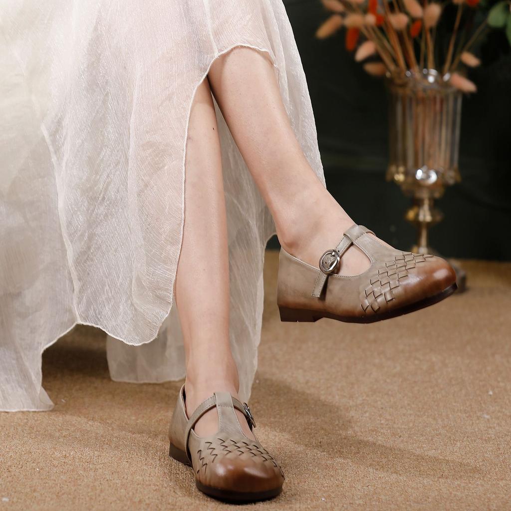 Johnature Pánské boty z pravé kůže, tkané, měkká podrážka, retro přezka, univerzální dámské baleríny