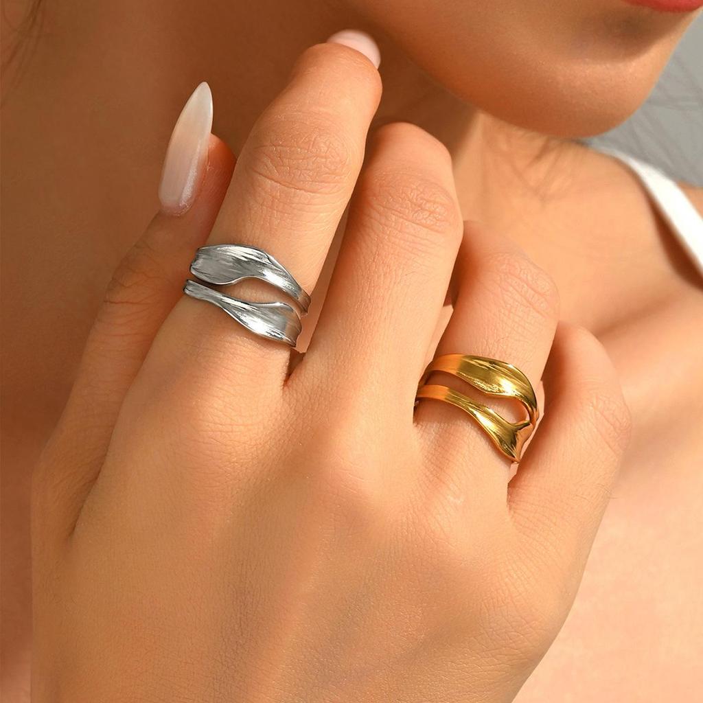 Stainless Steel Personalized Irregular Geometric Curve Open Ring for Women