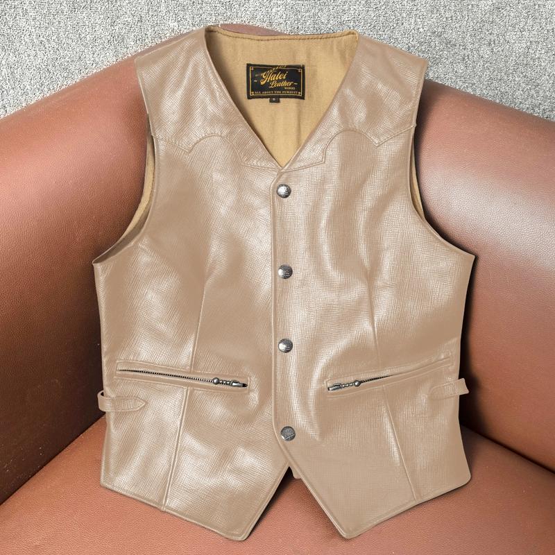 Vintage Heavy Washed Genuine Lambskin Leather Vest Mens Slim Fit Casual Waistcoat