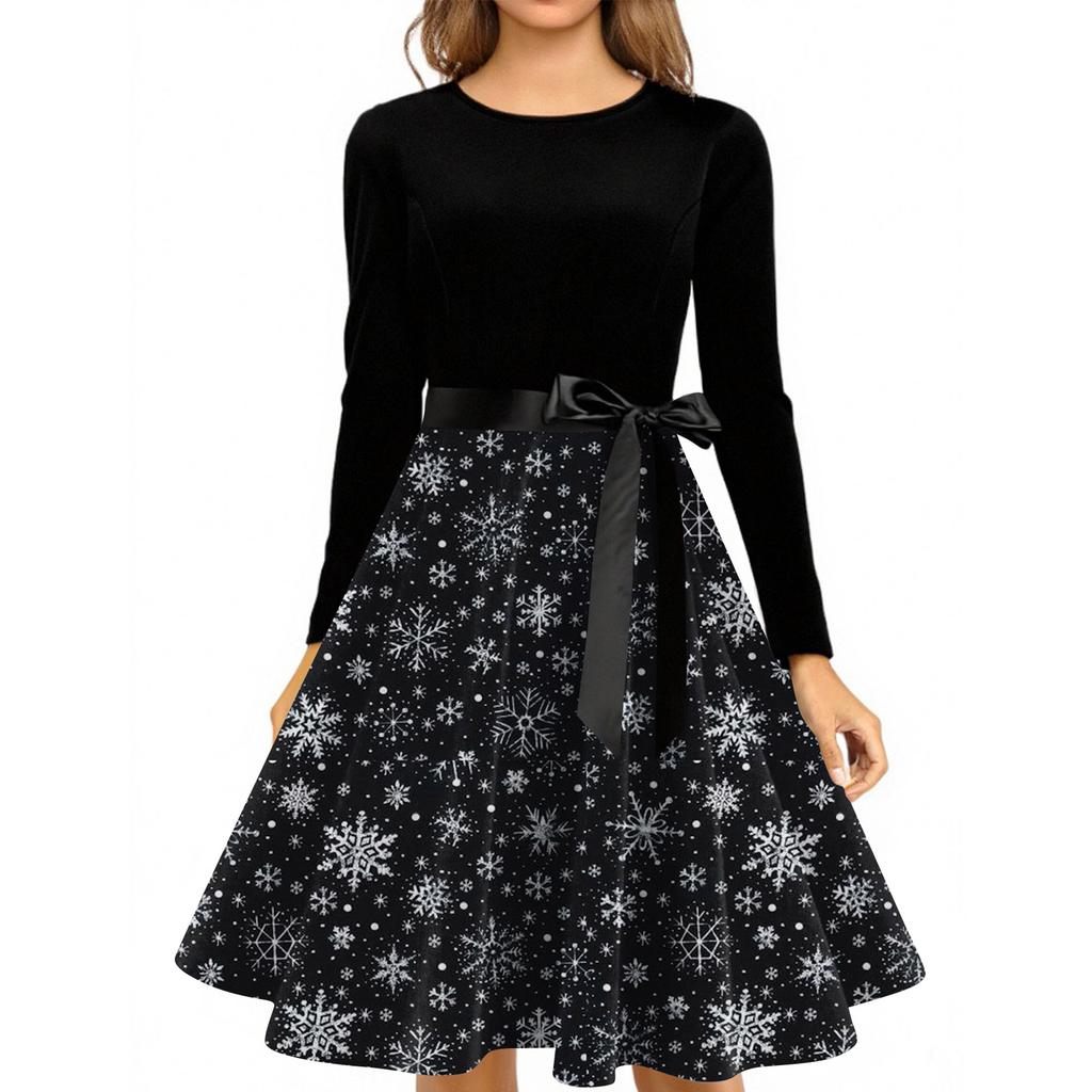Christmas Print Flare Dress For Women Long Sleeve Dress Hollow Party Casual Dresses