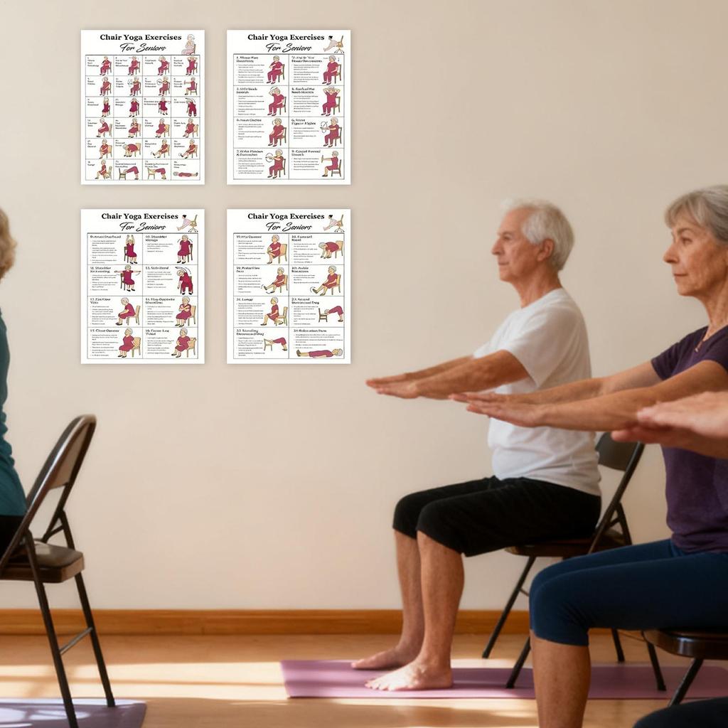 Chair Yoga Chart Illustrated Pose Cards 4 Pieces Yoga Seated Workout Poster For Seniors Beginners Fitness Flexibility Mobility