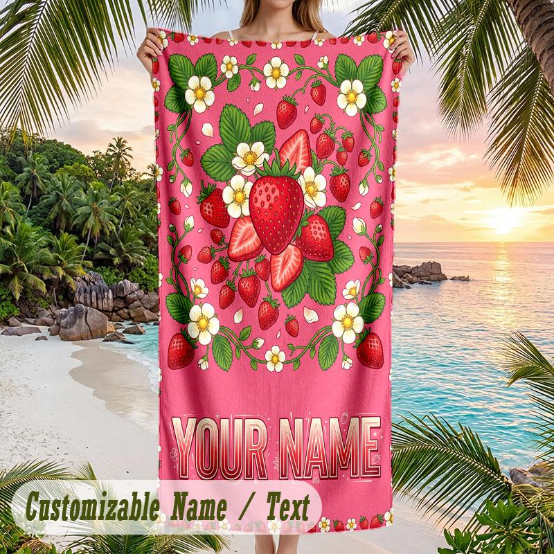 Strawberry Garden Theme Quick Dry Beach Towel Custom Name Text Print Large Sand Resistant Towel Beach Vacation