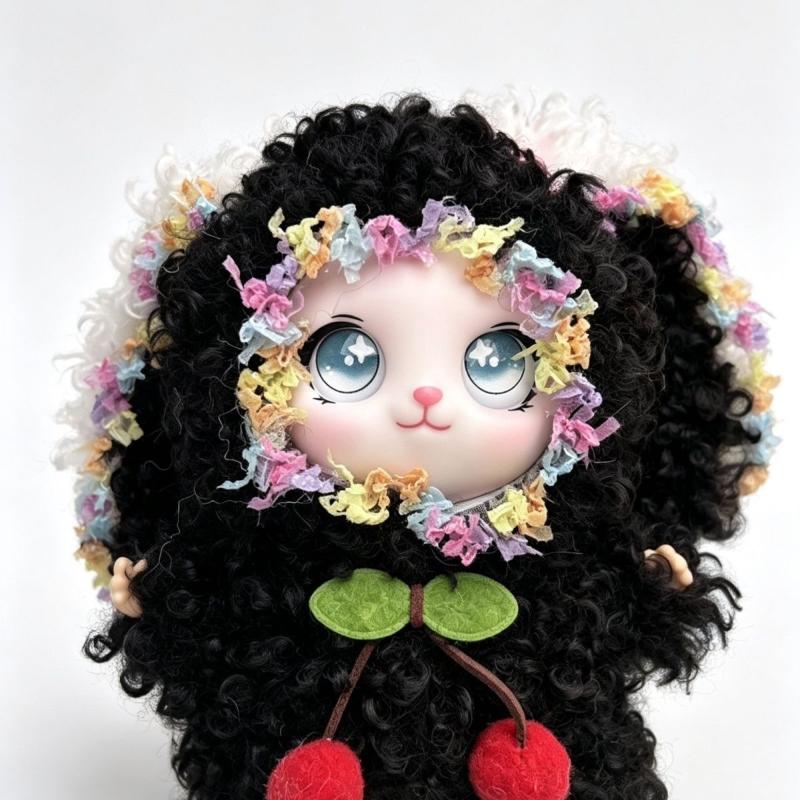 Fluffy Ears Plush Doll Keychain Cute Curly Brown Fur Bow Decor Tear-resistant Bag Pendant for Key Purse Decoration