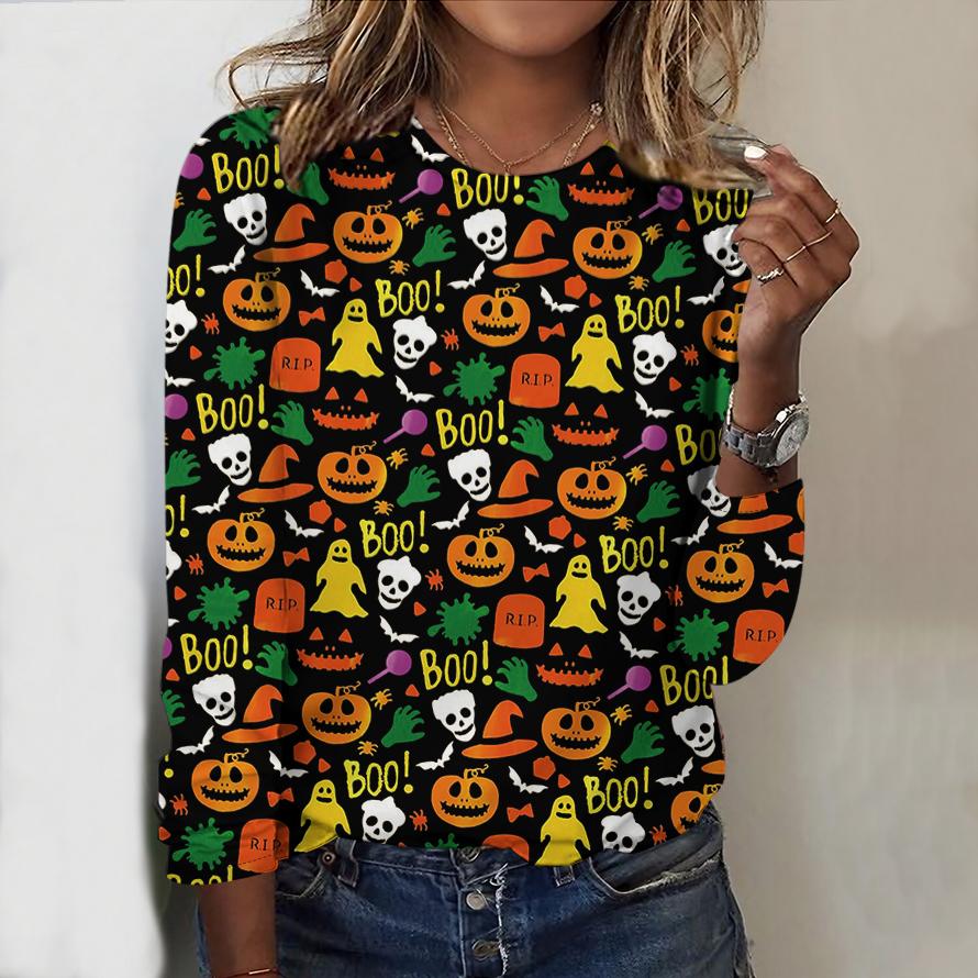 2025 Podzim & Zima Dámský Nový Ležérní Top s Kulatým Výstřihem a Dlouhým Rukávem 3D Halloweenský Vzor Ideální Halloweenský Vánoční Dárek