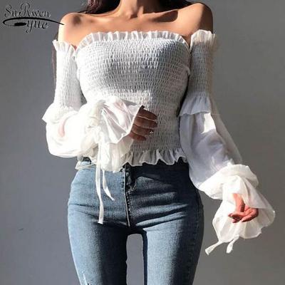 2022 Spring Fashion Women Long Sleeve Off Shoulder Cropped Tops Solid Color Pleated Bow Blouse Ladies Shirt Lace Up Corset 12813