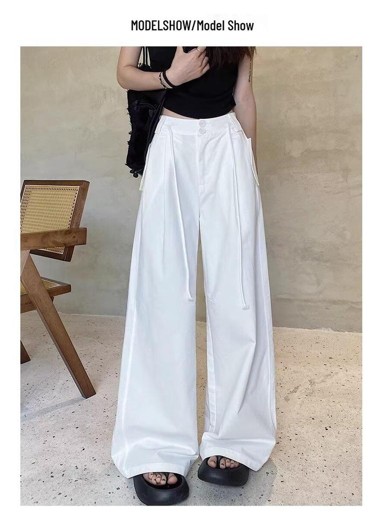 Plus Size Women's High-Waisted Wide-Leg Casual Pants - Spring/Autumn, Loose & Slimming, Floor-Length Draped Style