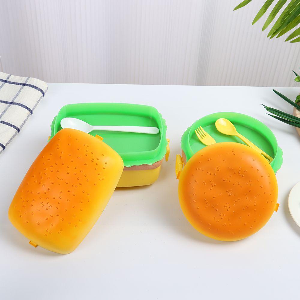 Cute Hamburger Lunch Box Double Tier Burger Bento Lunchbox Children School Food Container Tableware Set with Fork Kitchen Tool