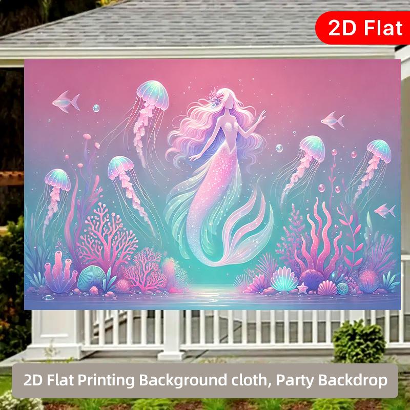2D Plane, Beautiful Dream Mermaid Background Cloth, Indoor and Outdoor Party, Suitable for Room Decoration, Polyester