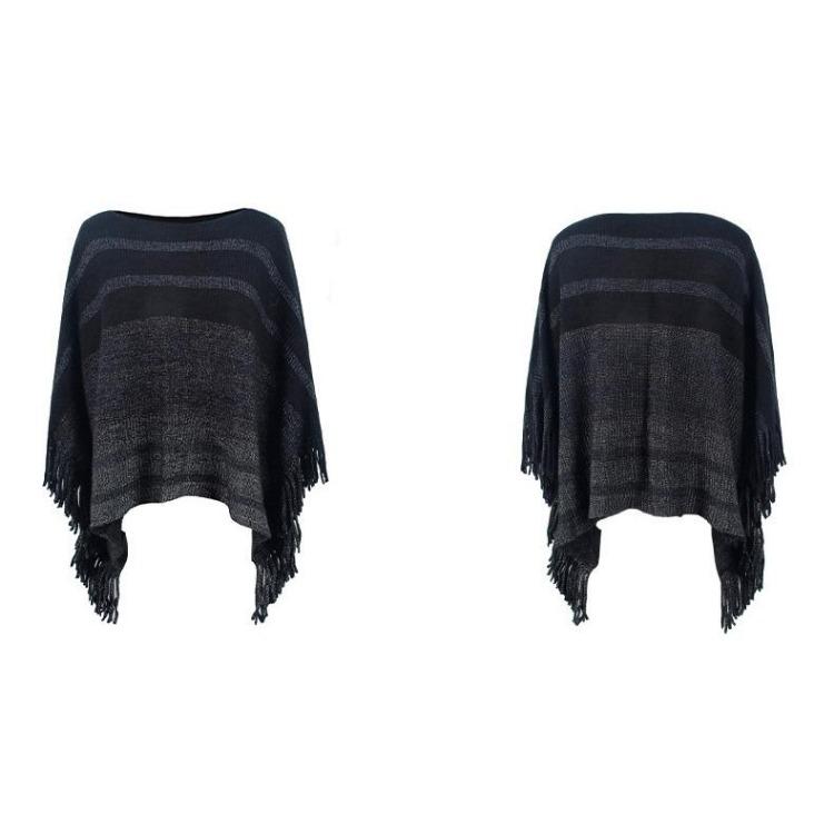 Women Autumn Winter Loose Knitwear Sweater O Neck Bat Sleeve Stripe Cardigan Cross Border Cloak