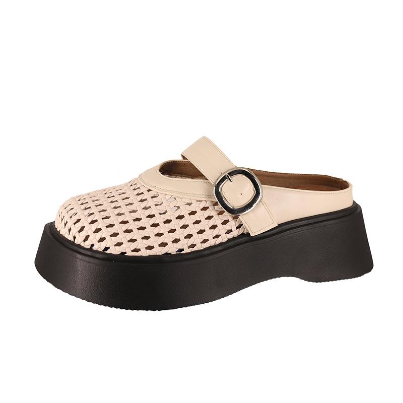 Woven Hollow Baotou Half Slippers 2025 Summer New Versatile Breathable Flat Bottom Beach Hole Shoes