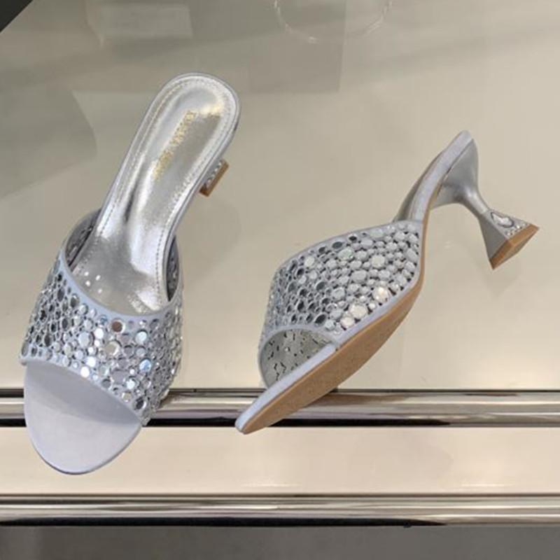

Fashion Elegant Rhinestone Pointed Toe Design Women Slippers Summer Sexy Open Toe Thin Heel Slide Sandals Luxury Designer Brand Sandals 35 серебряный