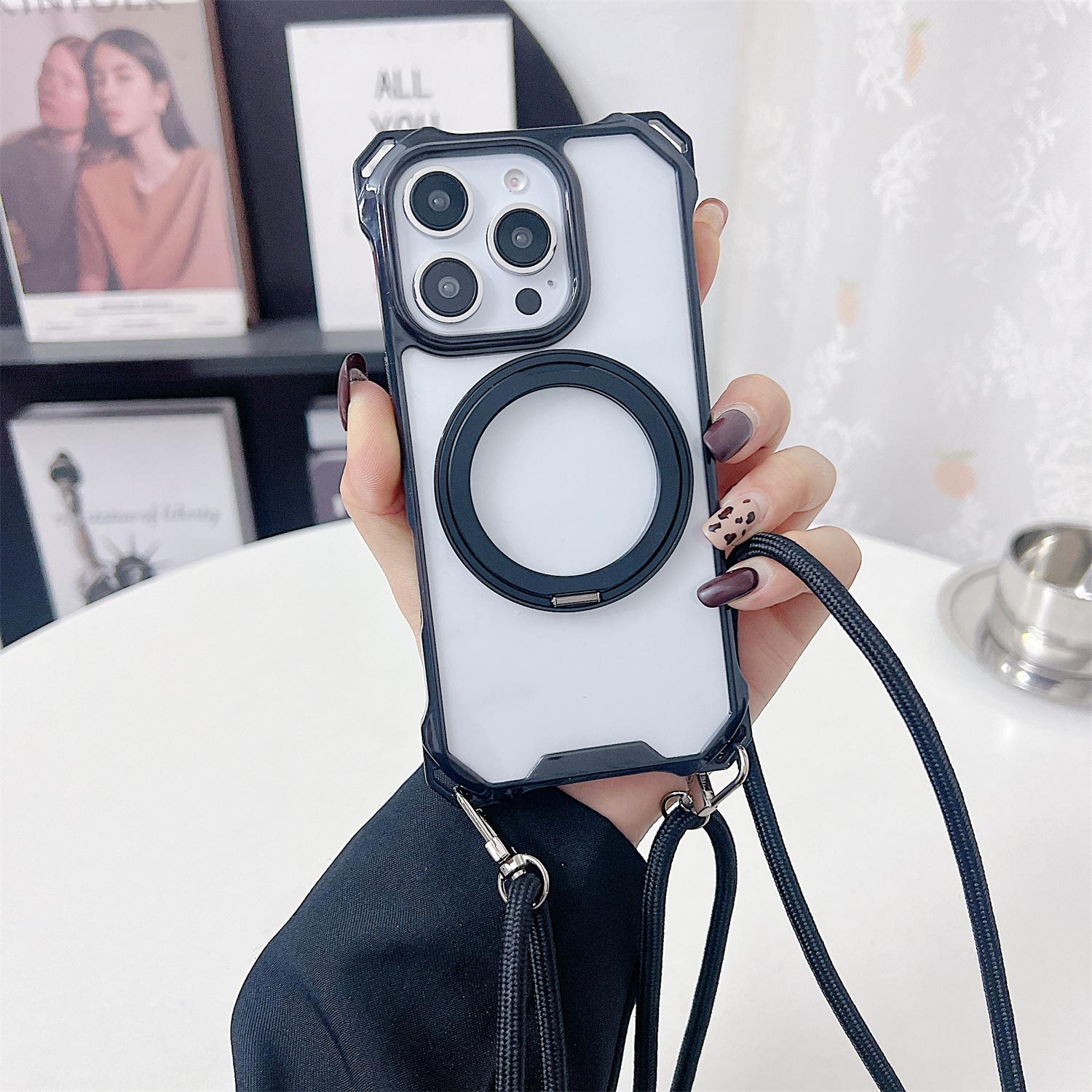 

For iPhone 15 Pro Max Magnetic Case Ring Kickstand TPU+PC Phone Cover with Lanyard Black