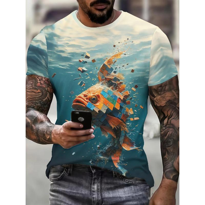 Men's 3D Color Block Goldfish Print T-Shirt Summer Ocean Sky Short Sleeve Crew Neck Casual Tee Tops